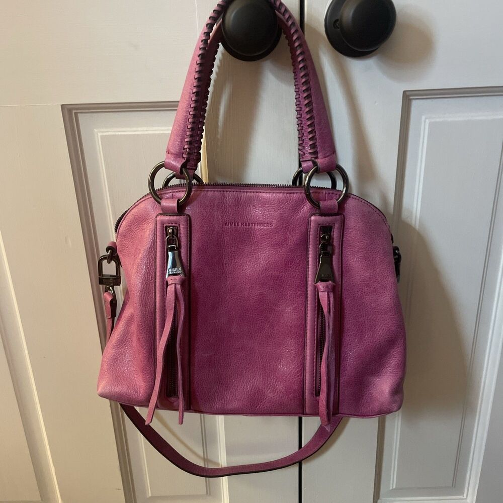 Aimee Kestenberg Fuchsia Pink Leather Zip Me Up Satchel Shoulder Bag Gunmetal